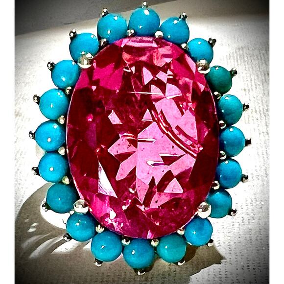 Jewelry - Pink Topaz & Sleeping Beauty Turquoise Halo Ring 925 Silver Sz 7